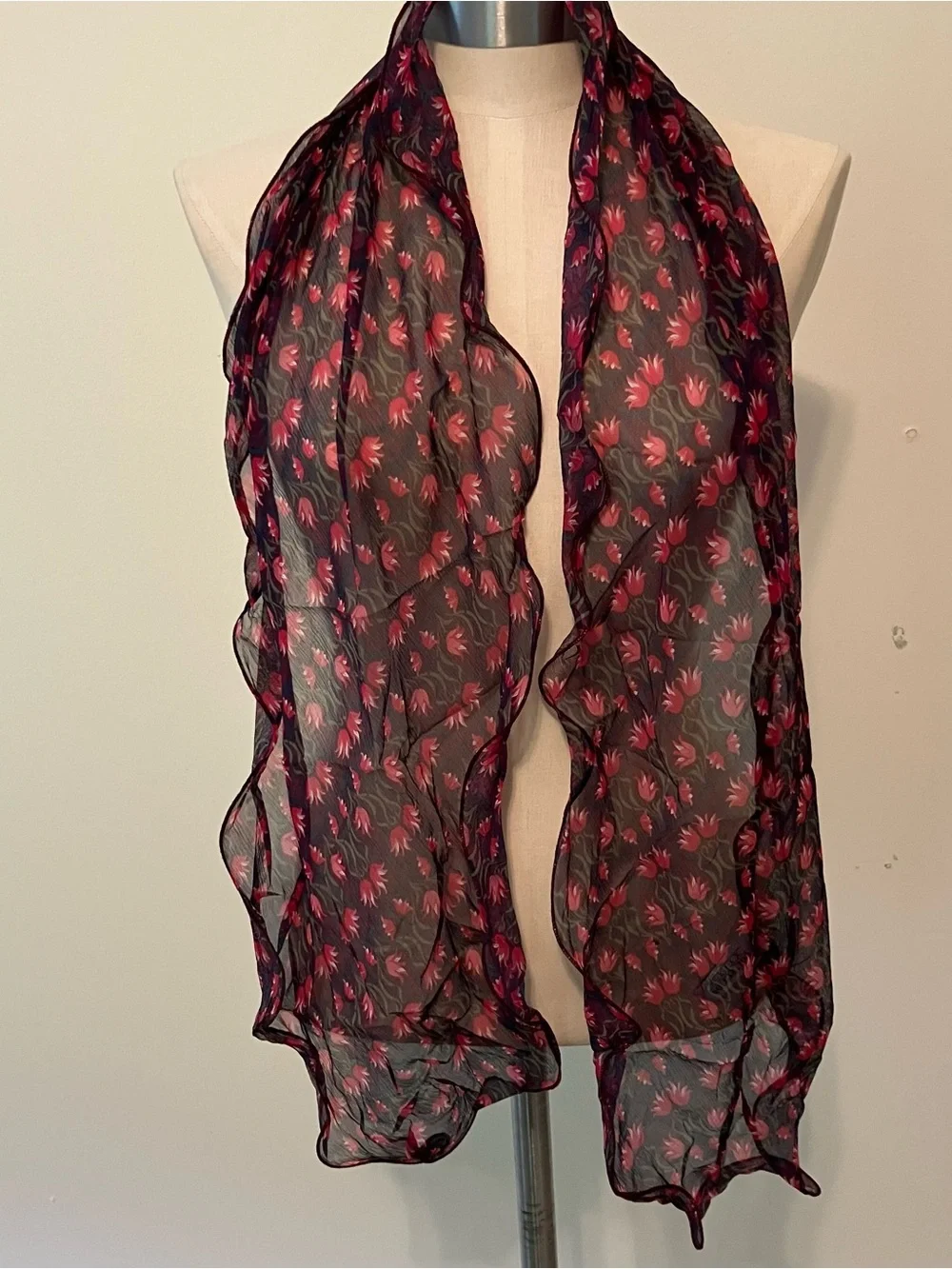 VTG Silk Scarf Pink Floral Tulip Scallop Hem Rectangle Cottagecore Fairy 10x51in